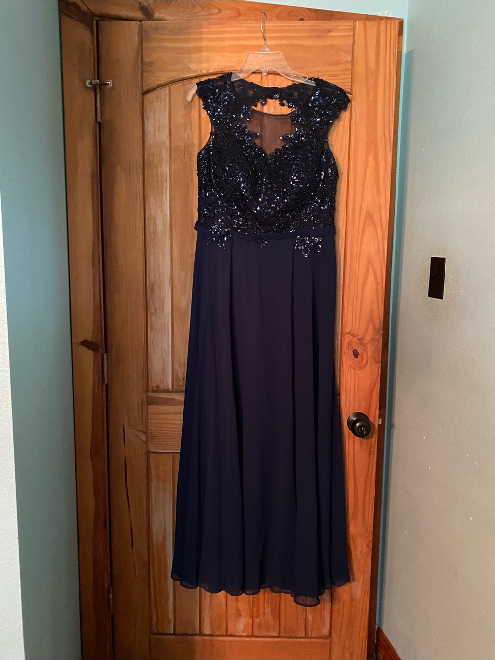 David's Bridal Navy Beaded Illusion Yoke Maxi Dress